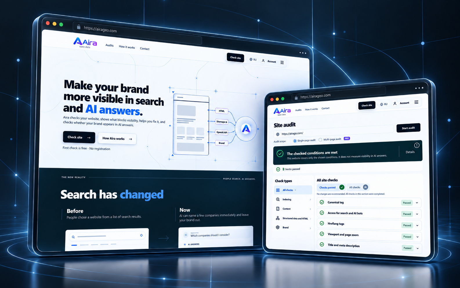 Aira GEO preview showing the website and site audit results