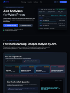 Aira Antivirus website preview showing WordPress protection and malware scanning
