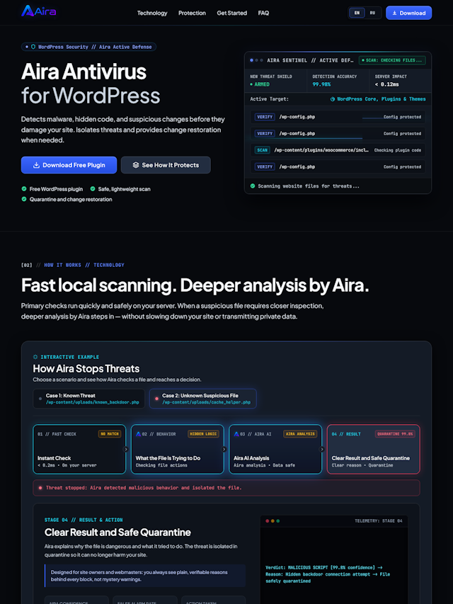 Aira Antivirus website preview showing WordPress protection and malware scanning